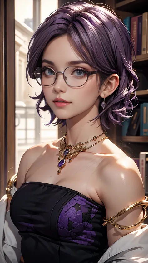 one girl, mature woman, masterpiece, spouse, goddess,short hair ,((purple hair)),glasses