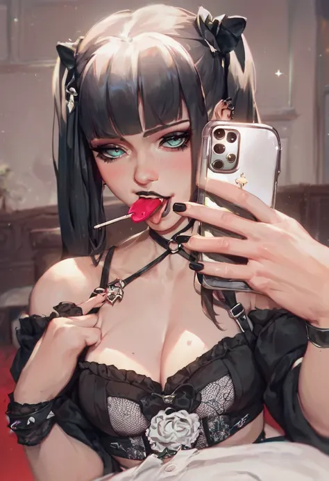 Score_9, score_8,score_7, source_anime, gothic girl taking selfie with dick in mouth