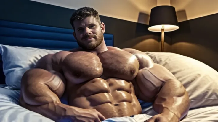 (GS-Masculine:1), 1boy, looking at viewer, detailed realistic open eyes, smirk, glowing skin, shirtless, muscle god, large and defined muscles, bowtie, vivid colour, bedroom, dimly lit, radiant blue eyes, resting in bed, flexing biceps