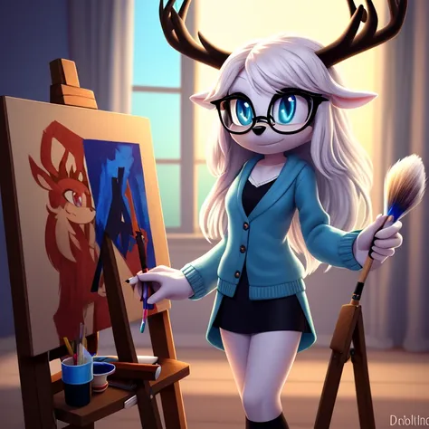 wendigo mobian, white hair, long hair, glasses, brown stag horns, aqua eyes, 4k, blue cardigan, white ears, easel, paintbrush