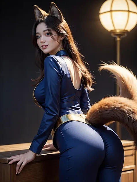 ((highest quality, 32k)), ((masterpiece)), (Familiar), Perfect Face, Fox Girl, Beautiful woman, public, Has a tail, She has a fluffy tail, she has a fox tail, She wags her tail, smile, bell collar, She is wearing a pantsuit, Beautiful Hips, Big Breasts, Bi...