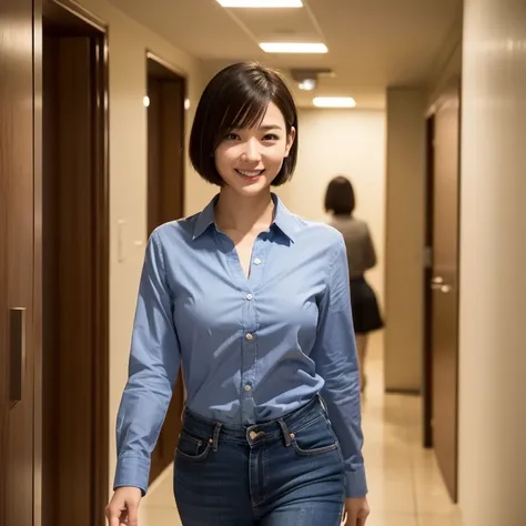 A beautiful Japanese woman in her thirties with short hair stands in the hallway of an upper floor of a high-rise apartment wearing a dark blue long-sleeved cotton shirt and jeans pants, looking at me and smiling reassuringly. Focal length 100mmf/2.8, spri...