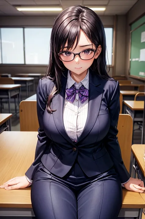 arafed woman in a suit posing in a classroom, sitting on a desk, oppai, on a desk, full subject in shot, in a classroom, sat at her desk, fully dressed, japanese goddess, well - dressed, seductively looking in front, as a strict school teacher ), smooth in...