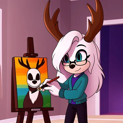 wendigo mobian, white hair, long hair, glasses, brown stag horns, aqua eyes, 4k, blue cardigan, white ears, easel, paintbrush