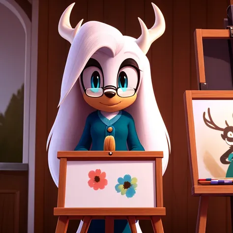 wendigo mobian, white hair, long hair, glasses, brown stag horns, aqua eyes, 4k, blue cardigan, white ears, easel, paintbrush