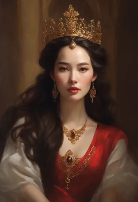 a painting of a woman in a red dress and a gold crown, in a high renaissance style, masterpiece! portrait of arwen, in a renaissance style, beautiful character painting, inspired by Chen Yifei, realistic renaissance portrait, eve ventrue, artwork in the st...