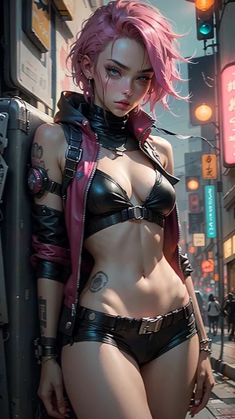 Beautiful woman, wary, Pink dyed hair, Sexy short leather clothes, middlebreast, Cyberpunk style, full bodyesbian、realistic detailed, Close, Portrait, bad ass, punk, Rebel