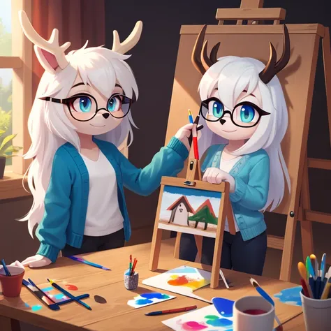 wendigo mobian, white hair, long hair, glasses, brown stag horns, aqua eyes, 4k, blue cardigan, white ears, easel, paintbrush