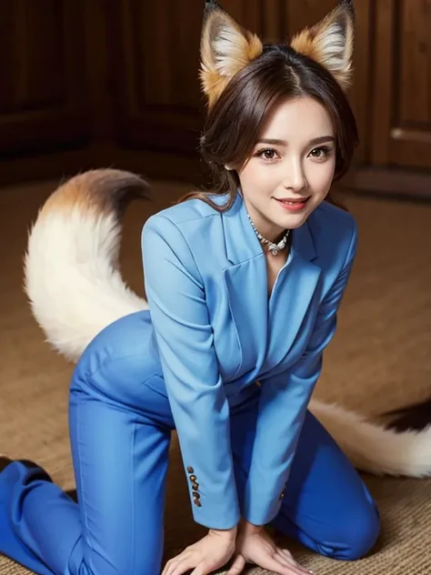 ((highest quality, 32k)), ((masterpiece)), (Familiar), Perfect Face, Fox woman, Beautiful woman, public, Has a tail, She has a fluffy tail, She has a red fox&#39;s tail., She wags her tail, smile, bell collar, She is wearing a pantsuit, Beautiful Hips, Big...