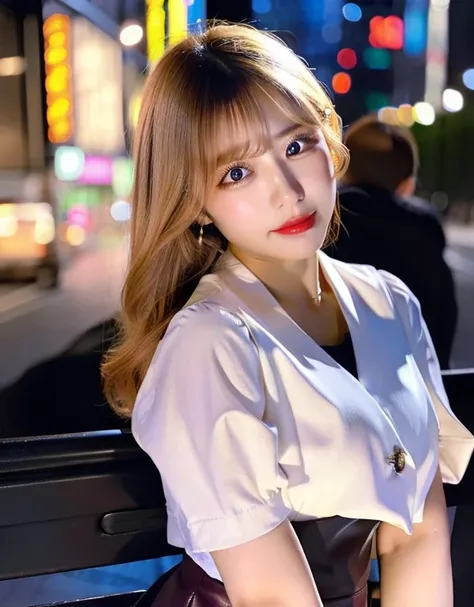 Japanese、woman、Double-breasted、Huge 、Looking down、double eyelid、Short skirt、Viewer、Realistic、Blonde、highest quality、High resolution、picture、Night Scenery