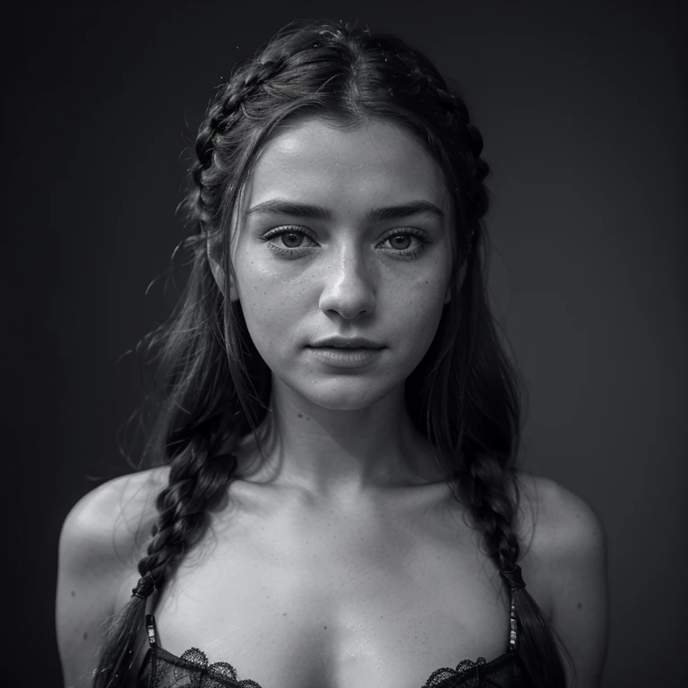 sally harland studio portraits 201314 – portrait of a beautiful Sansa Stark, lingerie, long braided hair, freckles, in the style of patrick demarchelier, stark black-and-white photography, alena aenami, panasonic lumix s pro 50mm f/1.4, ray collins, chroma...