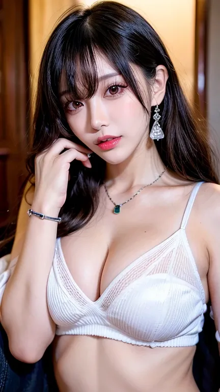 Canon RF 85mmf/1.2,masutepiece,Best Quality,超A high resolution,tu,1 boy (Korean mixed,Kpop Idol:1.2),Solo,white_shiny_skin,Black eyes,Necklace,brown_long_Wavy_hair,Red lipstick bright_shiny_Lips,Eyelashes,Bangs,deal,make - up,shiny,Pore,skin texture,Bracel...