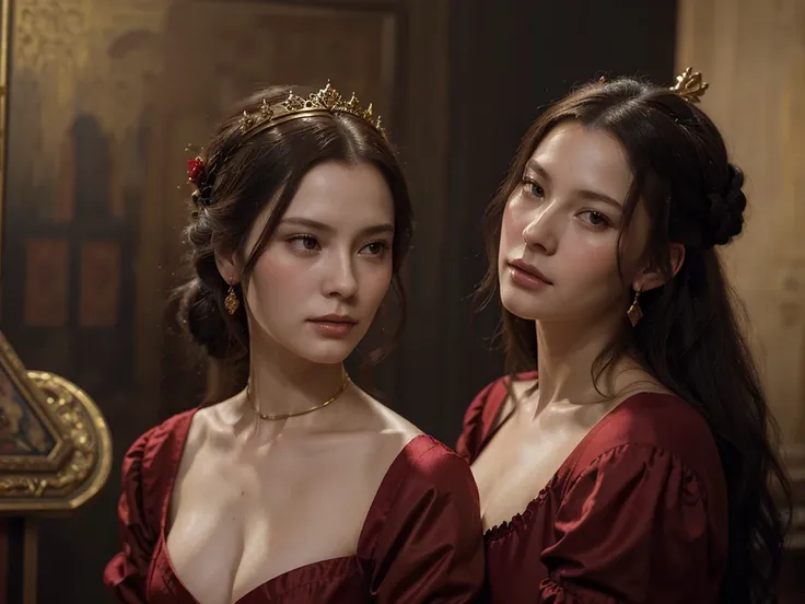 a painting of a woman in a red dress and a gold crown, in a high renaissance style, masterpiece! portrait of arwen, in a renaissance style, beautiful character painting, inspired by Chen Yifei, realistic renaissance portrait, eve ventrue, artwork in the st...