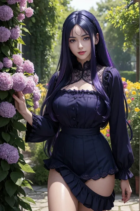 (absurdres, highres, ultra detailed), masterpiece, hinata(boruto), ((solo)), 1girl,medium breasts, long purple victorian style dress, closed mouth, (((long hair))),standing, the bodice and the skirt pattern, frill skirt, lace, blink blink effect, (((detail...