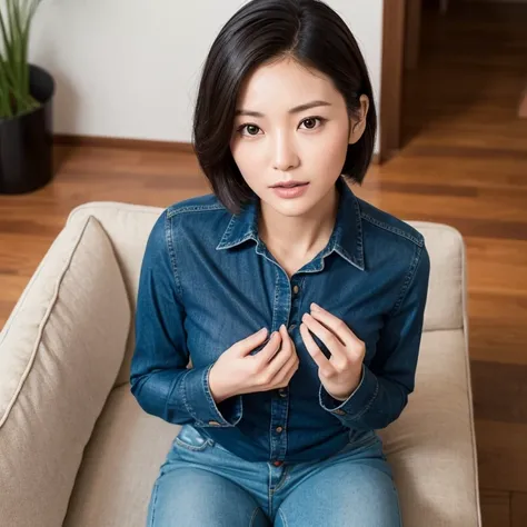 The face of a beautiful Japanese woman in her thirties with short hair, sitting on a blue sofa wearing a dark blue long-sleeved cotton shirt and jeans pants, looked a little surprised when she heard the unexpected proposal. Focal length 100mmf/2.8, spring ...