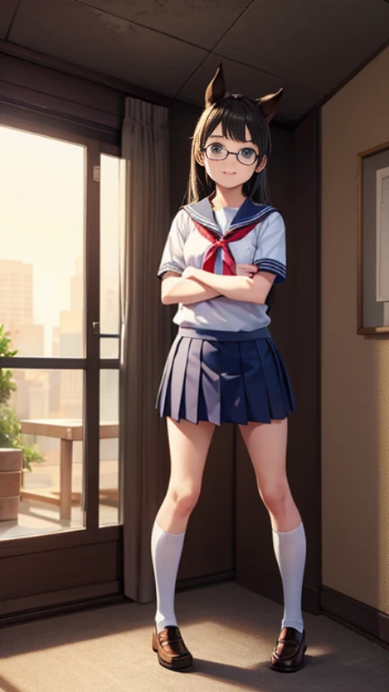 ((masterpiece)),((highest quality)),((Anatomical)),((Realistic)),((Detailed Description)),((cute)),((((Health Room)))),(((One Horse Girl))),(((Beautiful eyes))),(((Baby Face))),(((Petite))),((Bewitching Smile)),(((school uniform))),(((Glasses))),Full body ...