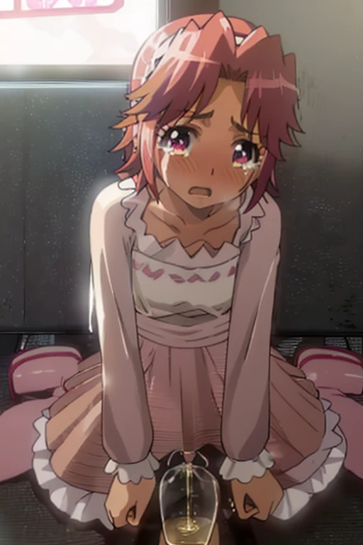 alice maresato, short hair, pink hair, red hair, hairband, pink eyes, parted bangs, dress, frills, long sleeves, pink dress, looking at camera, embarrassed, blush, tears, crying, out of breath, sweating, one girl, flat chest, sitting, peeing, holding conta...