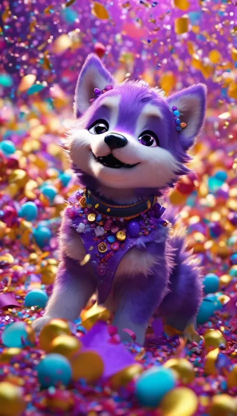 During the festival，Cute purple wolf cub excitedly playing in a cloud of colorful confetti, Confetti falling around happy puppy, Ultra Detailed, Delicate matte, Unreal Engine 5, Beautiful composition, dark, excellent, Intricate details, Fantasy concept art...