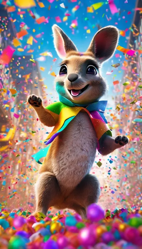 During the festival，Cute rainbow colored kangaroo playing excitedly in a cloud of colorful confetti, Confetti falling around happy puppy, Ultra Detailed, Delicate matte, Unreal Engine 5, Beautiful composition, dark, excellent, Intricate details, Fantasy co...