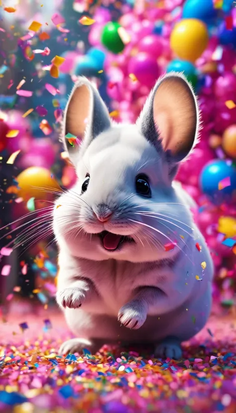 During the festival，Cute pink chinchilla playing excitedly in a cloud of colorful confetti, Confetti falling around happy puppy, Ultra Detailed, Delicate matte, Unreal Engine 5, Beautiful composition, dark, excellent, Intricate details, Fantasy concept art...