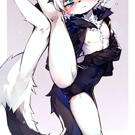 1 boy, Wolf,young people，Black and white fur，Topless，Heterochromia，blush