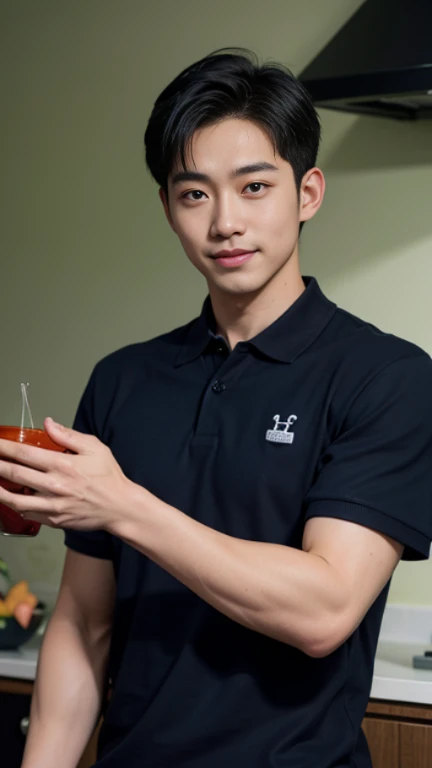 1 man, smile, (Wear a navy polo shirt.: 1.3), round neck, short sleeve shirt), Camouflage pants ,, Korean guy , korean men, (High gloss details), chest muscles, Big arm muscles, blood vessel, big muscles, Broad shoulders, looking at the audience, Balancing...