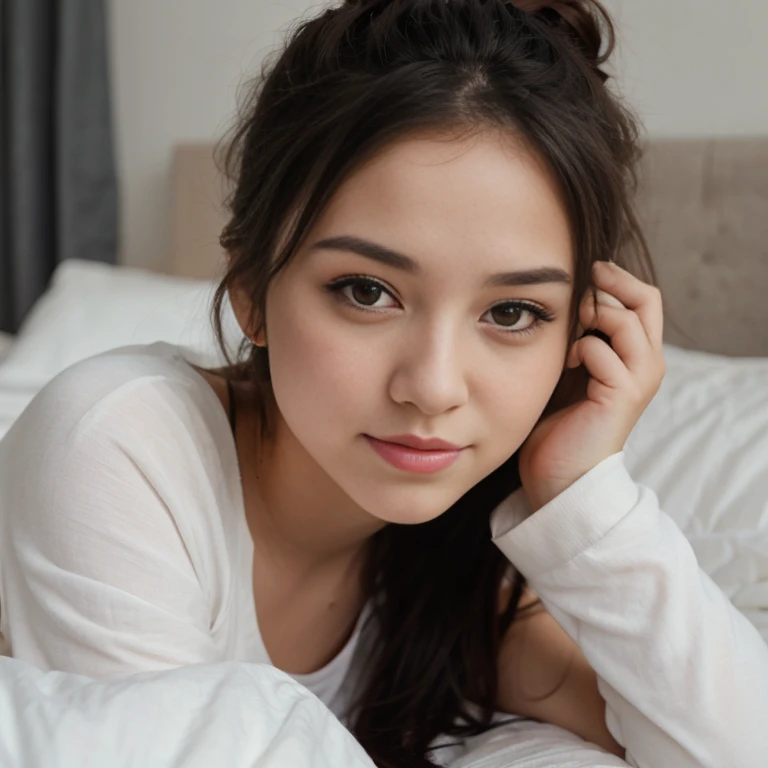 there is a woman laying on a bed with her head on her hand, realistic cute girl painting, kawaii realistic portrait young and cute girl, young cute face, realistic lineart artstyle, black and white