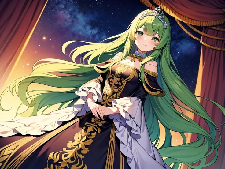 (kawaii),(best quality),(ultra detailed), upper body,(rococo style),(long train green cape:1.15), very long cape,(long train green ball gown with flower decorations:1.1), a girl is wearing a cape over her gown, 1 little princess, tiara, smile, small breast...