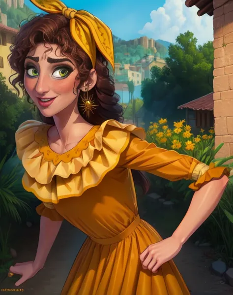 paper,green eyes,Brown hair,hair,
yellow dress,earrings,bow,
standing,upper body,cowboy shot,
village,Sun Ray,happy,
(insanely detailed, beautiful detailed face, masterpiece, Best quality), sexy, small breasts