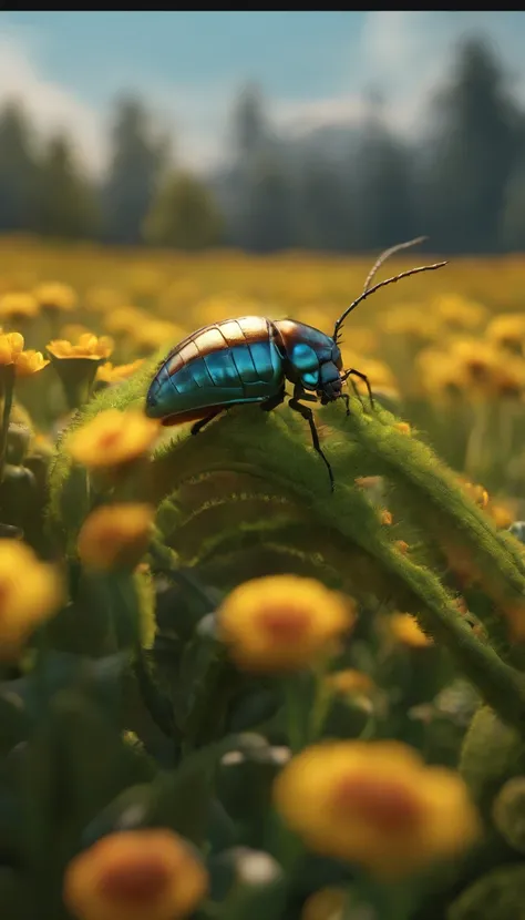 Several insects standing side by side in the field, Game Button Art, Depicted as a Pixar character, Official ink art, High-tech implants, Realistic movie photos, Ultra HD, Reality Media, Bright colors, Very detailed, Ultra HD图纸, perfect composition, Beauti...