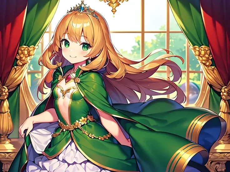 (kawaii),(best quality),(ultra detailed), upper body,(rococo style),(long train green cape:1.15), very long cape,(long train green ball gown with flower decorations:1.1), a girl is wearing a cape over her gown, 1 little princess, tiara, smile, small breast...