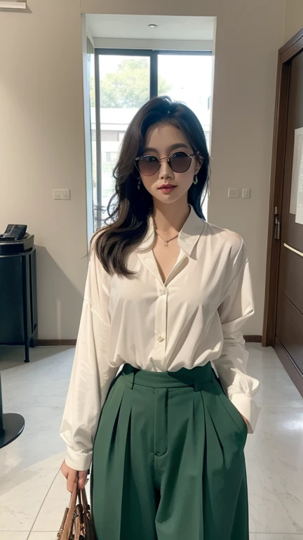 one woman、(((Marble pattern open-collar shirt、BREAK、マーブル模様のSlacks wide pants)))、BREAK、Green inner tank top、BREAK、Slacks wide pants、sunglasses、The front hair is up、mysterious、art gallery、Artwork、Stylish、Creative space、pov