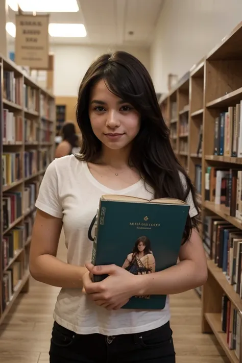 Joven mujer cabello rubio saliendo de una biblioteca caminando con libros abrazados cabello rubio
