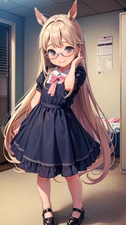 ((masterpiece)),((highest quality)),((Anatomical)),((Realistic)),((Detailed Description)),((cute)),((((Health Room)))),(((One Horse Girl))),(((Beautiful eyes))),(((Baby Face))),(((Petite))),((Bewitching Smile)),(((Victory server))),(((Glasses))),Full body ...