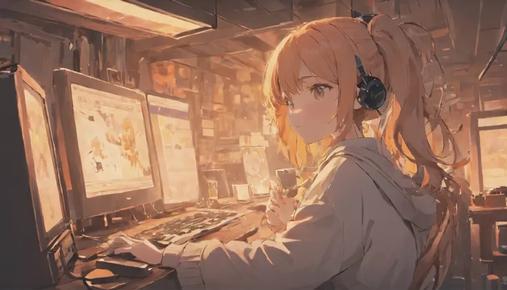 morning、Girl sitting and listening to music in a cozy room, Using headphones, Anime-style 2D, Lo-Fi, hard disk, Bright environment