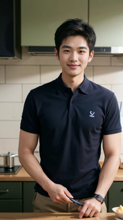 A 30 years old man, smile, (Wear a navy polo shirt.: 1.3), round neck, short sleeve shirt), Camouflage pants ,Japanese young man, (High gloss details), , Broad shoulders, looking at the audience, Balancing the eyes, (Make eye contact),(in the kitchen: 1.3)