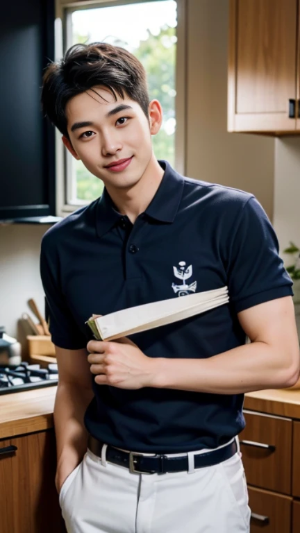 A 30 years old man, smile, (Wear a navy polo shirt.: 1.3), round neck, short sleeve shirt), Camouflage pants ,Japanese young man, (High gloss details), , Broad shoulders, looking at the audience, Balancing the eyes, (Make eye contact),(in the kitchen: 1.3)