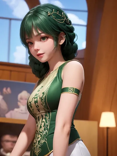 , up do hair- green, no makeup, beautiful white skin,1lady solo, /(volleyball uniform/), bangs, blush light smile, (masterpiece best quality:1.2) delicate illustration ultra-detailed, large breasts BREAK /(volleyball court indoors/)