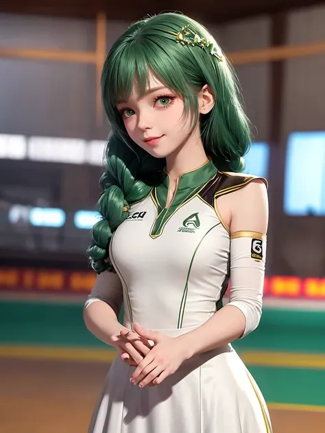 , up do hair- green, no makeup, beautiful white skin,1lady solo, /(volleyball uniform/), bangs, blush light smile, (masterpiece best quality:1.2) delicate illustration ultra-detailed, large breasts BREAK /(volleyball court indoors/)