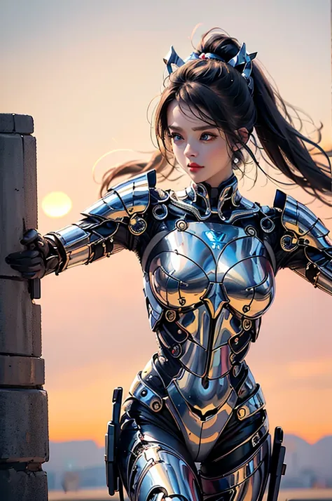 (masterpiece), (best quality), 1girl, beautiful girl, female warrior, battle field, white armor, exoskeleton, mecha, mechanical armor, blue eyes, cinematic light