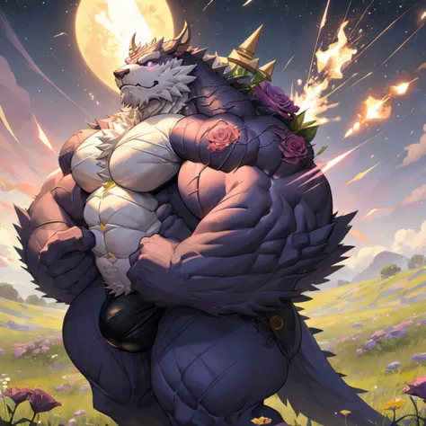 Solitary, male, , scale, Delicate face, Delicate eyes, muscular, Hypertrophy of chest muscles, Thick thighs, permanent, Solid color background,jeans，Flowers，grassland，Sky，meteor，，（Huge bulge：2），furry，，（corruption）