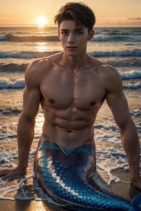 Hot and thin but well-built 20-year-old male mermaid, with the sun setting in the background and the waves gently lapping at the shore. The lighting is cinematic, with deep shadows and highlights, 