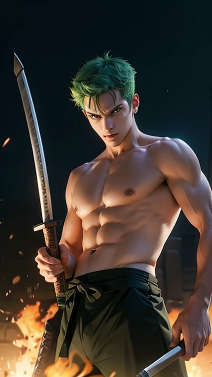 Perfect picture of green hair roronoa zoro with his 3 swords in hd quality.