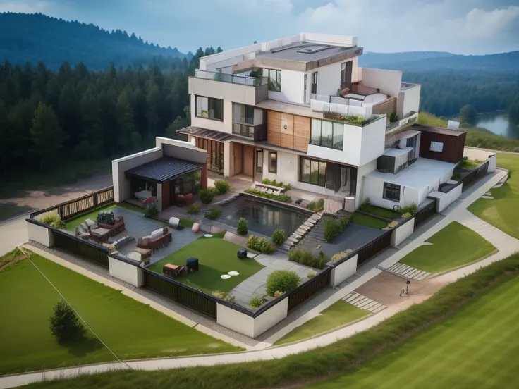 a rendering of a house with a golf course and a golf course, 3 d perspective, isometric view!!!!, exterior design, 3d rendering!, 3 d rendering!, sloped site, concept house, lumion rendering, architectural rendering, isometric perspective view, large moder...