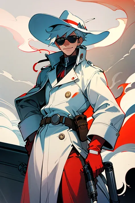 Gunslinger, sunglasses, white hat, white raincoat, , red gloves, old revolver, gun smoke, cigarette, flamethrower, smile, man