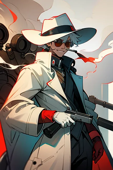 Gunslinger, sunglasses, white hat, white raincoat, , red gloves, old revolver, gun smoke, cigarette, flamethrower, smile, man