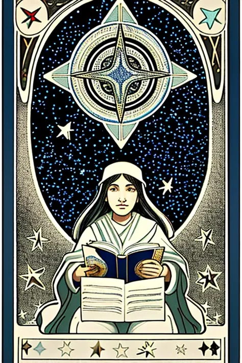 tarot cards，A girl reading a a book，white colors，Stars fill the sky，lounge suit，modern day，Background of God&#39;s Kingdom，Paper cut style，Color Blocking，geomertia，minimalist，collage，better image quality，Illustration design，The picture is simple，saint，look...