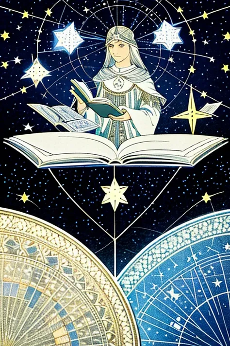 tarot cards，A girl reading a a book，white colors，Stars fill the sky，lounge suit，modern day，Background of God&#39;s Kingdom，Paper cut style，Color Blocking，geomertia，minimalist，collage，better image quality，Illustration design，The picture is simple，saint，look...