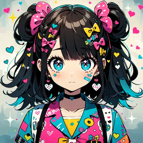 masterpiece, highest quality, Very detailed, Beautiful Shadows, heart, donut, Cinema Lighting, Studio Light, Flowers around, cute, cute, Big eyes, Flower pattern on eyes, Pupil shape , cute polka dot pattern on bows, Plaid, Black Hair，Gray and black gradie...