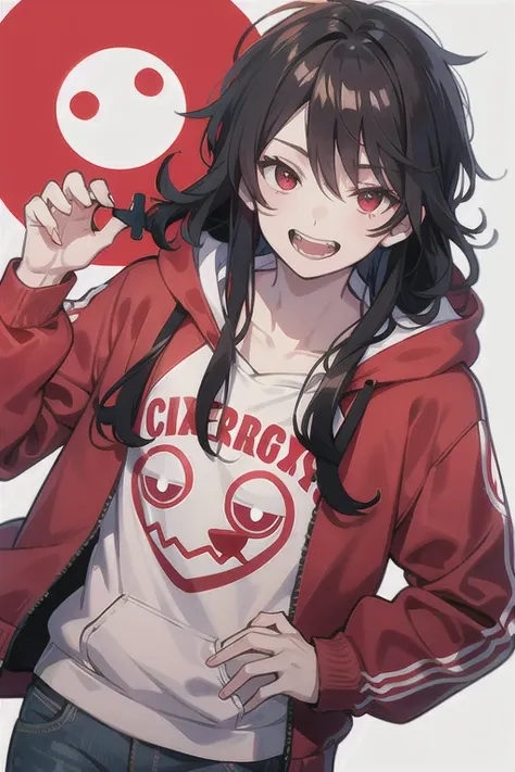 Anime boy with long curly brown hair and a white mask with teeth that only shows his red eyes, he is wearing torn jeans and a red sweatshirt with a hood on it with a drawn smiley face
